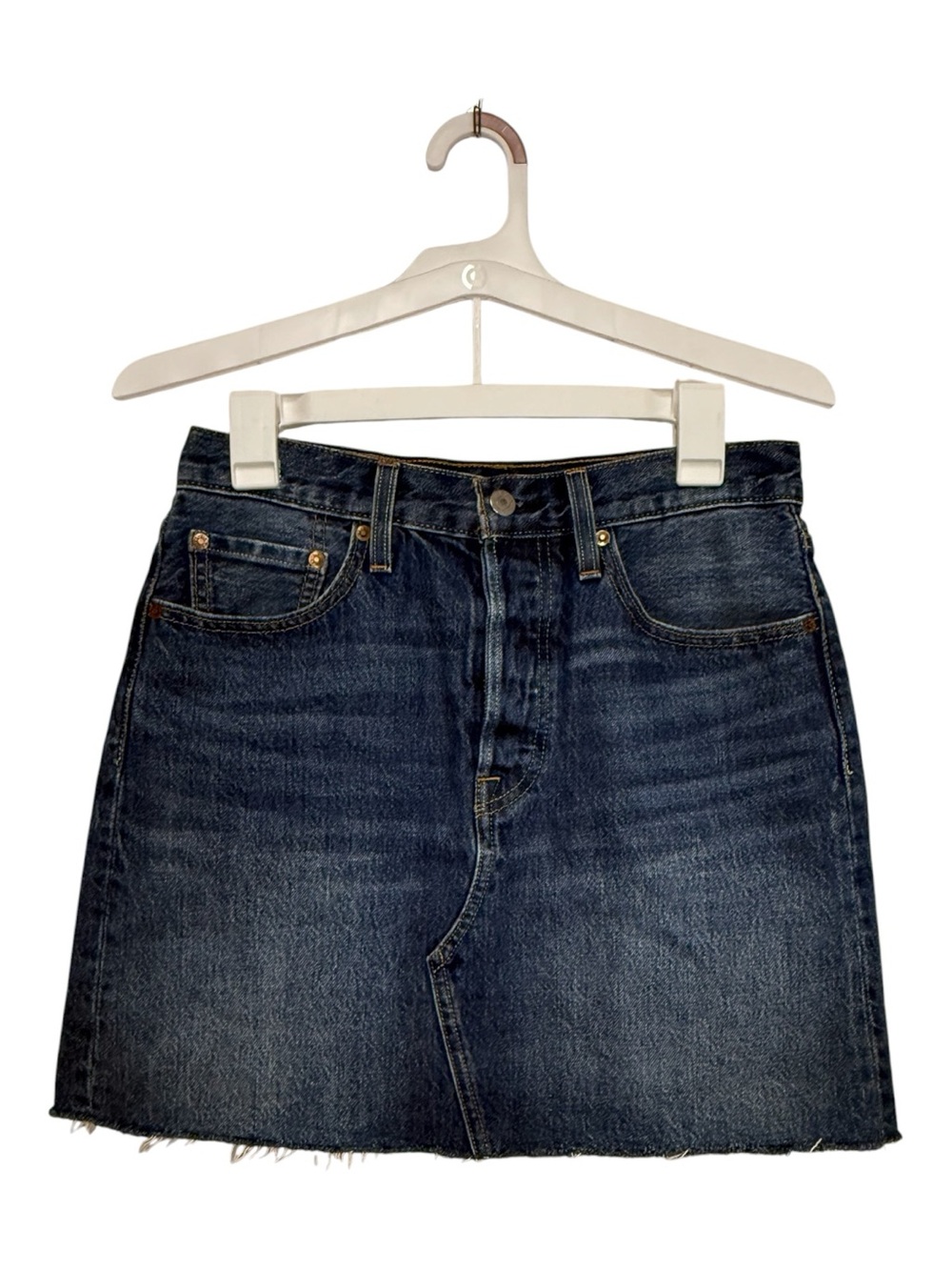 Levi’s Premium Denim Mini Skirt Size 28 Button Fly Raw Hem